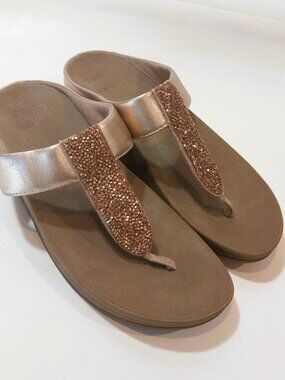 FitFlop Sandals Womens 7 Pink Beaded Metallic Embelished Flip Flops Casual Wedge